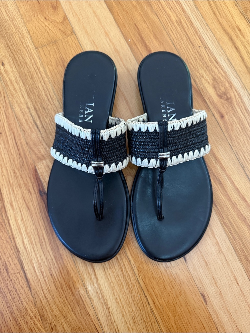 Italian Shoemakers Black and Cream Woven Thong Sandals
